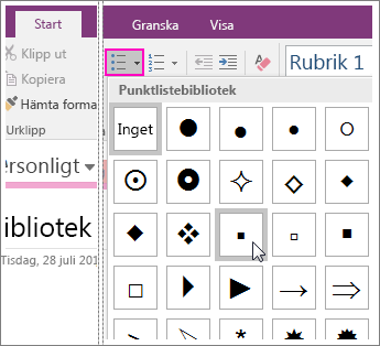 Skärmbild av hur du lägger till punkter på en sida i OneNote 2016.