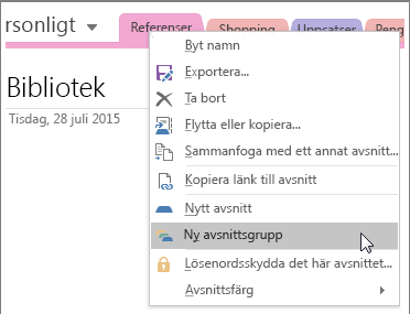 Skärmbild av hur du skapar en ny avsnittsgrupp i OneNote 2016.
