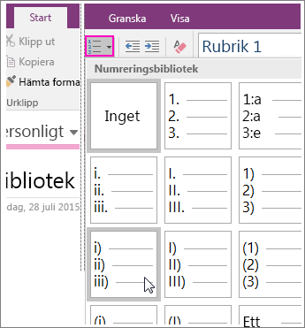 Skärmbild av hur du lägger till numrering på en sida i OneNote 2016.