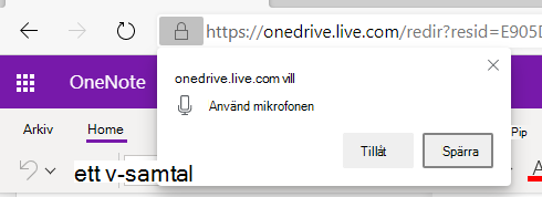Skärmbild av onenote-dikteringsbehörigheter.