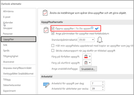 Skärmbild som visar Uppgifter markerade i det vänstra fönstret och Öppna uppgifter i att göra-appen inringade på höger sida.