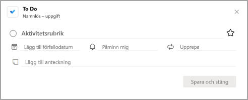Skärmbild som visar popup-dialogrutan Att göra.