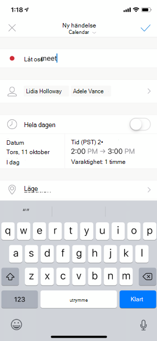 Visar ett e-postmeddelande på en mobilskärm. De inbjudna visas tillsammans med mötesdagen och tiden. Det finns också ett alternativ för plats.