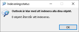 Indexeringsstatus för Outlook-sökning