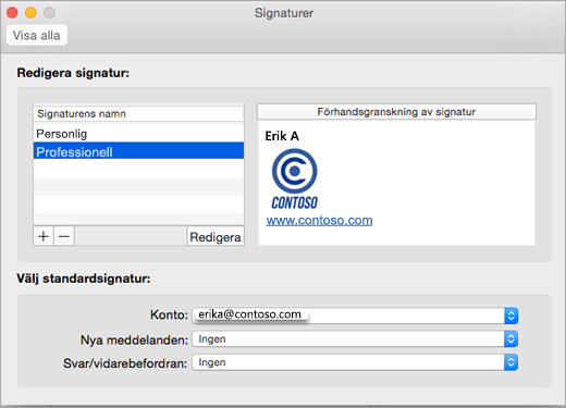 Sidan Signaturer i Outlook-inställningar