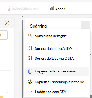 Skärmbild av spårningsfönstret i nya Outlook med listrutealternativ för att kopiera deltagarlistan