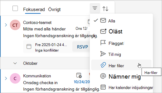 Välj innehåller filer för att hitta alla meddelanden med bifogade filer.