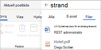 Välj Files om du bara vill se sökresultat med bifogade filer.
