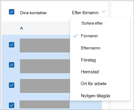 Skärmbild av alternativ för att sortera kontakter