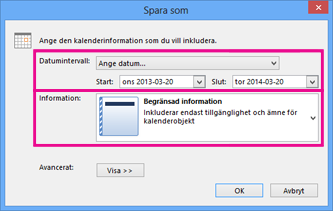 spara kalender – välj detalj