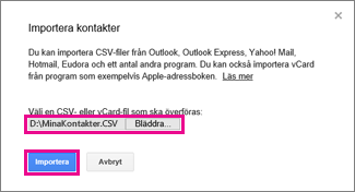 Google Gmail – dialogrutan Import