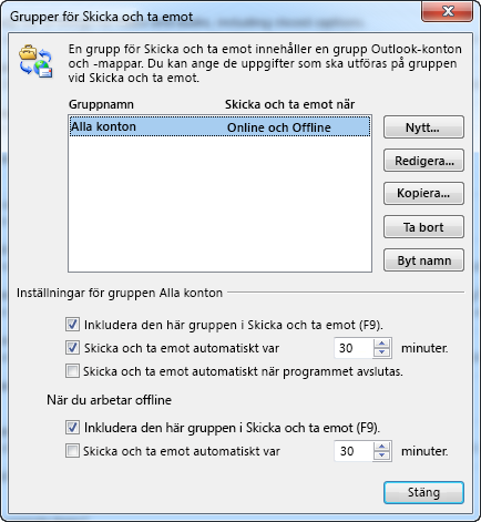 Dialogrutan Inställningar för skicka/ta emot