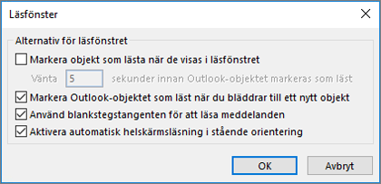Du kan ändra alternativen för läsfönstret.