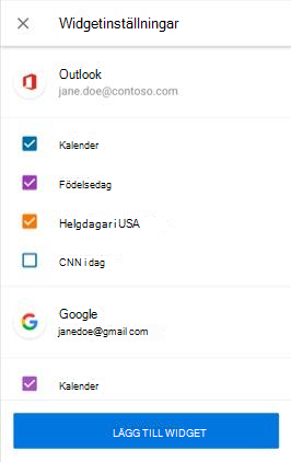 Skärmbild som visar hur du lägger till widgeten Calendar på Android.