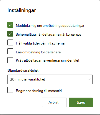 Olika inställningsalternativ som är tillgängliga för Schemaläggning av omröstningsorganisatörer.