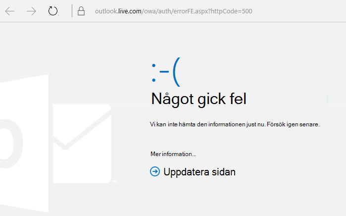 Outlook.com Något gick fel felkod 500