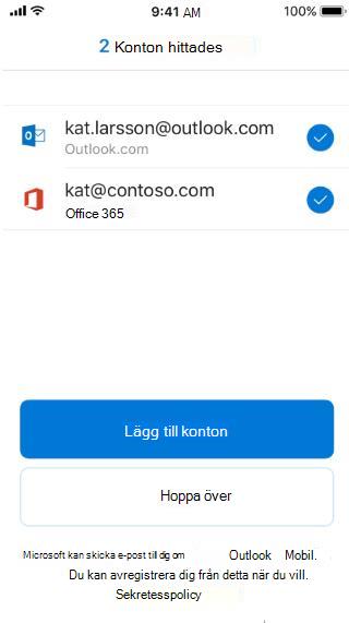 Visar en Outlook-skärm med två e-postadresser listade – en som är ett Outlook-e-postmeddelande och en som inte är det.