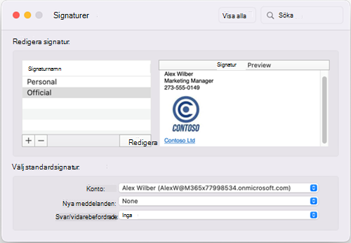 Outlook för Mac fönstret Standardsignaturer