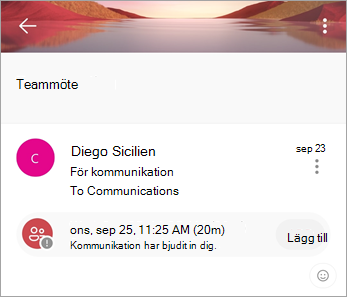 En grupphändelse i en grupppostlåda innehåller och knappen Lägg till för att lägga till händelsen i din personliga kalender.