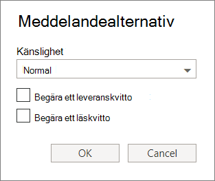 En skärmbild som visar dialogrutan Meddelandealternativ med alternativ för att ange en känslighetsnivå och begära leverans- eller läskvitto.