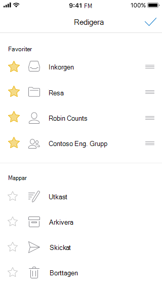 Pennikon och tre rader till höger om listor för att ändra ordning på favoritlistan