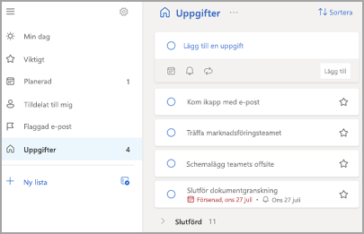 Skärmbild som visar Outlook-uppgiftslistan till höger.
