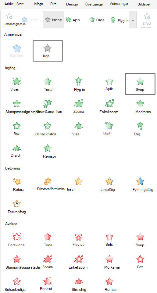 Skärmbild av animeringar som är tillgängliga för PowerPoint för webben.