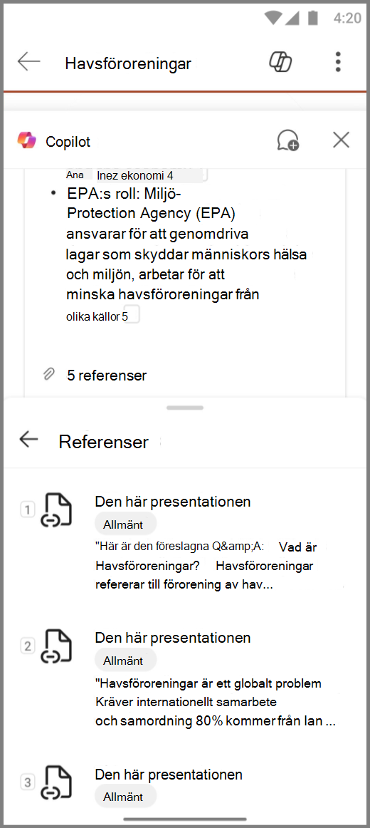 Skärmbild av Copilot i PowerPoint på Android-enhet med referenser för summeringssvaret i det här bildspelet