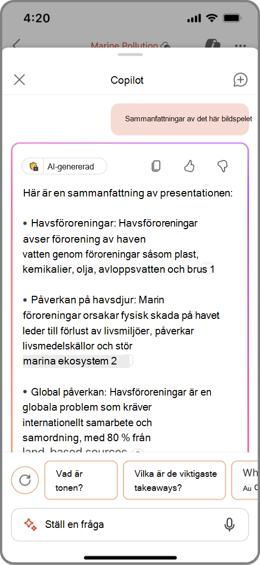 Skärmbild av Copilot i PowerPoint på iOS-enhet med resultatet från Summera detta bildspel