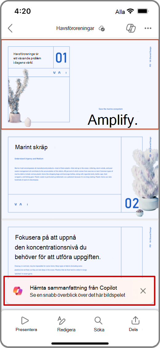 Skärmbild av Copilot i PowerPoint på iOS-enhet med Få sammanfattningsfråga markerat
