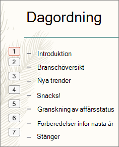 Varje punkt i listan visar ordningen på animeringar i en liten ruta till vänster