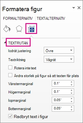 Alternativ för textrutor i fönstret Formatera figur