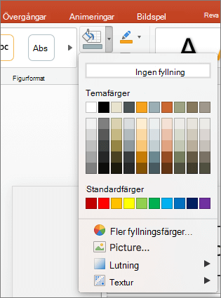 Skärmbild som visar de alternativ som finns tillgängliga från menyn Figurfyllning, inklusive Ingen fyllning, Temafärger, Standardfärger, Fler fyllningsfärger, Bild, Toning och Struktur.
