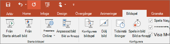 Visar fliken Bildspel i menyfliksområdet i PowerPoint