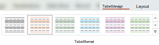 På fliken Tabelldesign kan du välja bland många fördefinierade tabellformat för att snabbt tillämpa annan formatering i en tabell.
