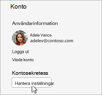 Dialogrutan Konto med knappen Hantera inställningar seleted.