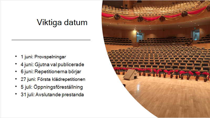 Exempelbild med en tidslinje med text samt ett foto som Designidéer ordnat och placerat.