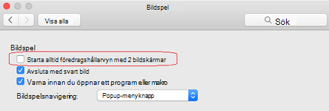 Avmarkera kryssrutan Starta alltid föredragshållarvyn med 2 bildskärmar i dialogrutan Bildspel.