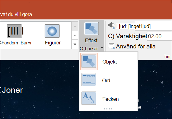 Visar alternativ för övergångseffekter för övergången Morfning i PowerPoint 2016