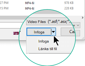 I dialogrutan Infoga video väljer du mellan Infoga (vilket innebär Bädda in) eller Länka till fil.