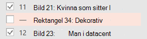 Skärmbild som visar att när objektet har markerats som dekorativt tas varningen bort.