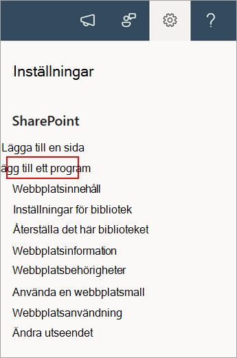 Skärmbild som visar kommandot Lägg till ett program i SharePoint.