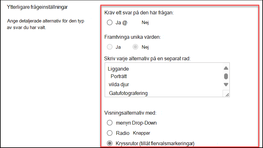 skärmbild av ytterligare frågeinställningar