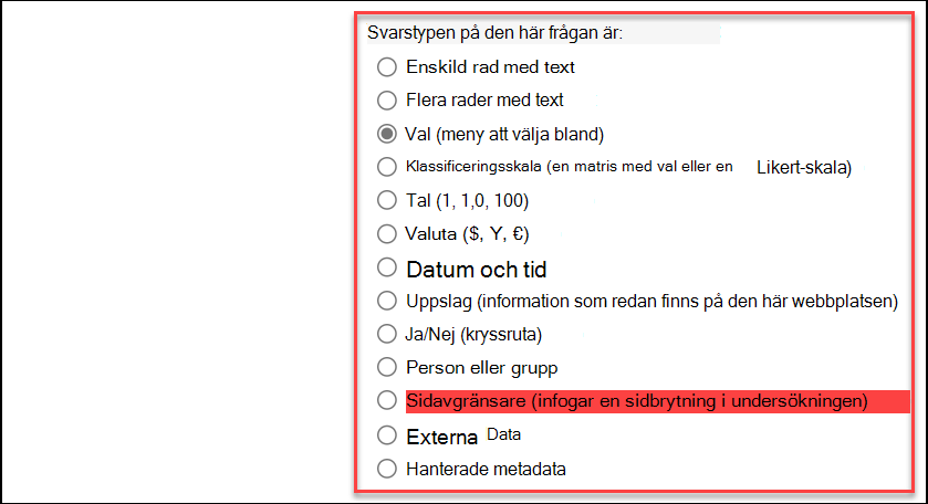 skärmbild av svarstyp