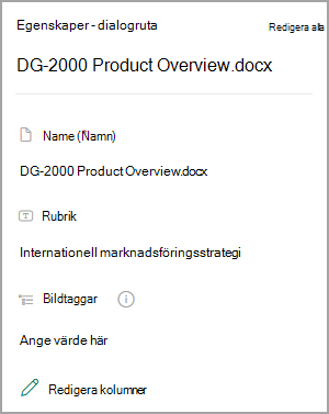 Skärmbild som visar egenskaper för ett dokument i ett SharePoint-bibliotek.
