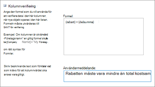 Dialogrutan Kolumnverifiering med exempeldata i fälten