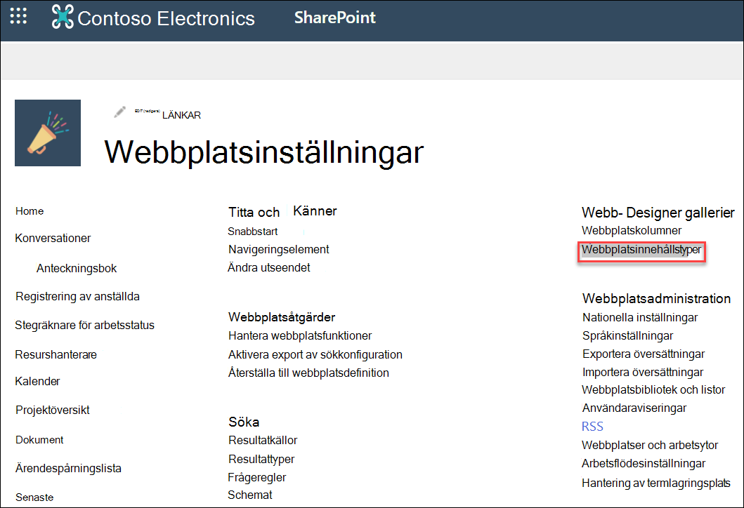 Alternativet Webbplatsinnehållstyper i dialogrutan Webbplatsinställningar.