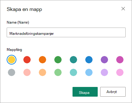 Du kan ange namnet på den nya mappen i dialogrutan Skapa en mapp i SharePoint Modern upplevelse.