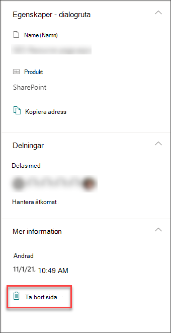 Skärmbild av alternativet Ta bort sida i fönstret sidinformation
