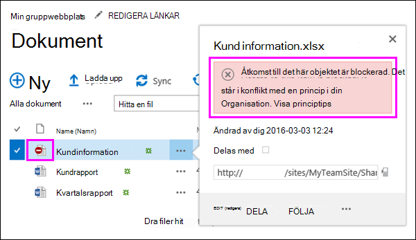 Principtips som visar blockerad åtkomst till dokument